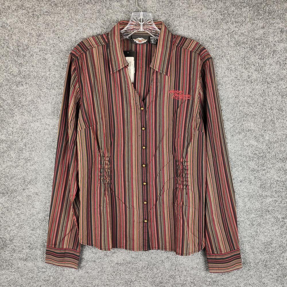 Harley-Davidson Shirt Womens XL Multicolor Stripe Button Front Embroidered Biker